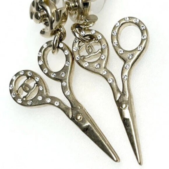CHANEL CC Logos Rhinestone Scissors Dangle Stud Earrings Gold Tone B21P Auth - Picture 2 of 10